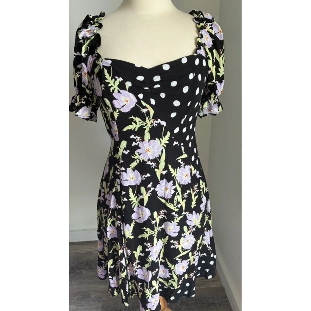 Urban Outfitters Black Floral Polka Dot Cottagecore Mini Dress Puff Sleeve M